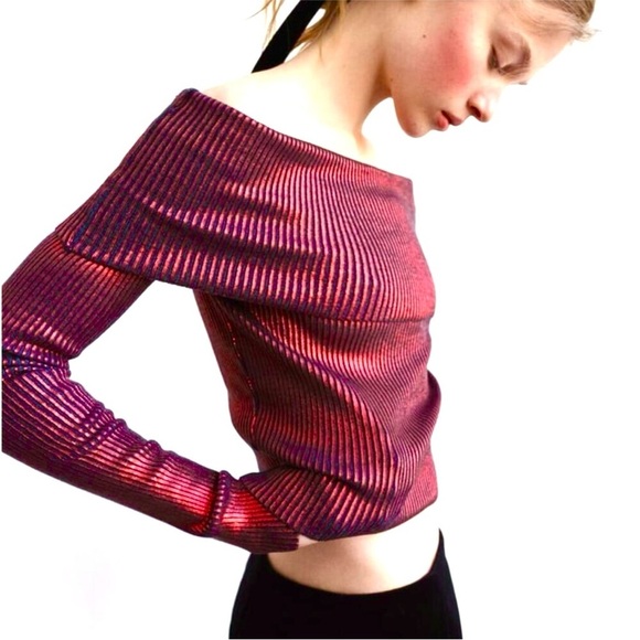 ZARA XS Off the Shoulder Metallic Red & Grey Foil Knit Stretch Top NEW WITH TAG - Picture 4 of 15